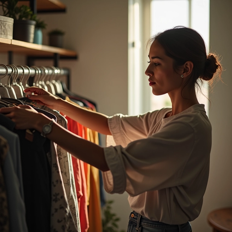 Mulher escolhendo roupa em arara exposta, visualizando as peças.