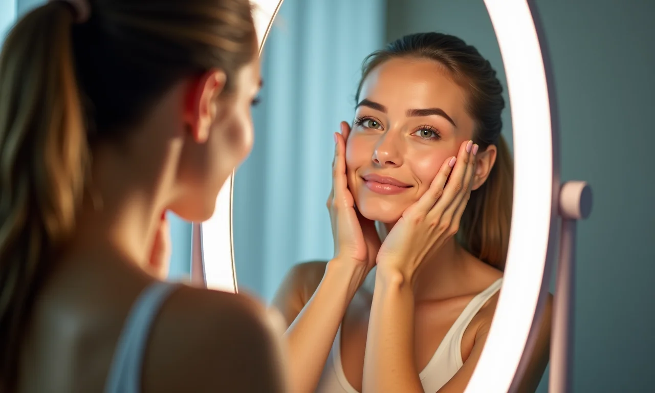 Mulher examinando a pele no espelho com LED durante rotina de skincare.