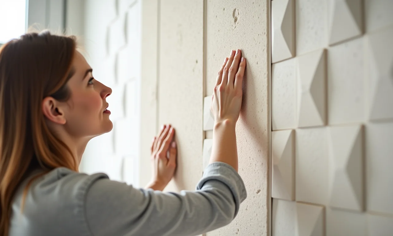 Mulher instalando painel de gesso 3D autocolante, mostrando a facilidade de aplicação.