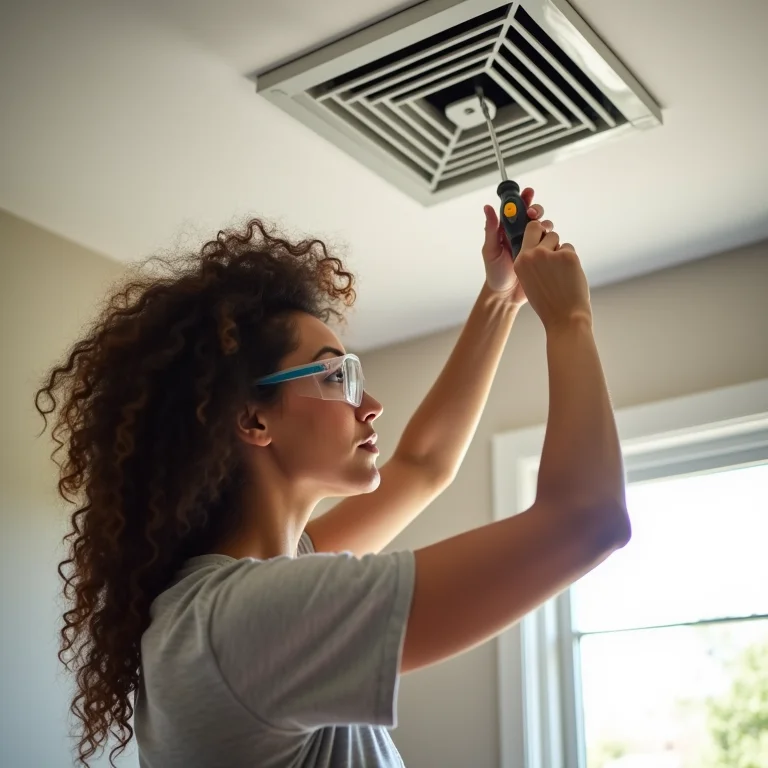 Mulher instalando um exaustor de banheiro com óculos de proteção