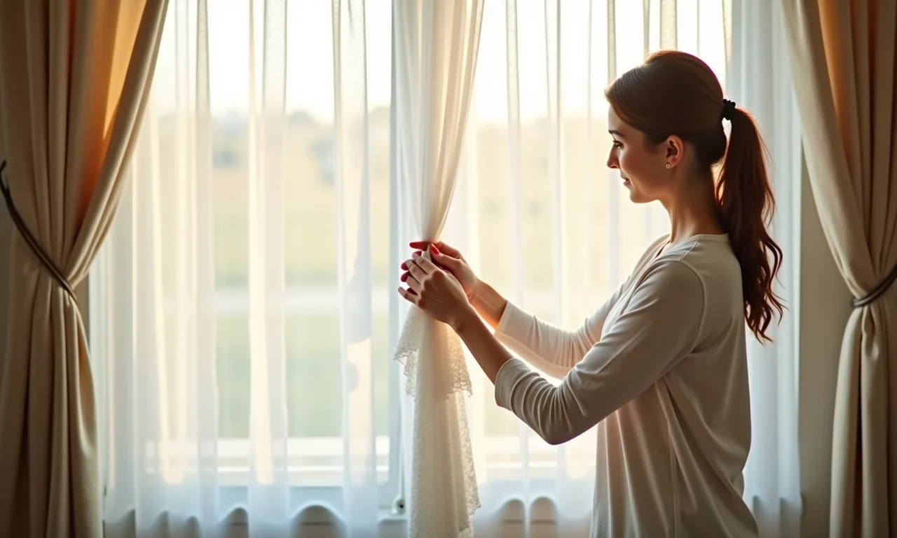 Mulher lavando cortina de tecido delicado com cuidado.