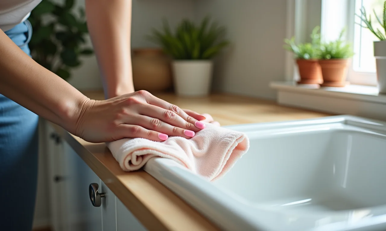 Mulher limpando boiserie de EVA com pano úmido.