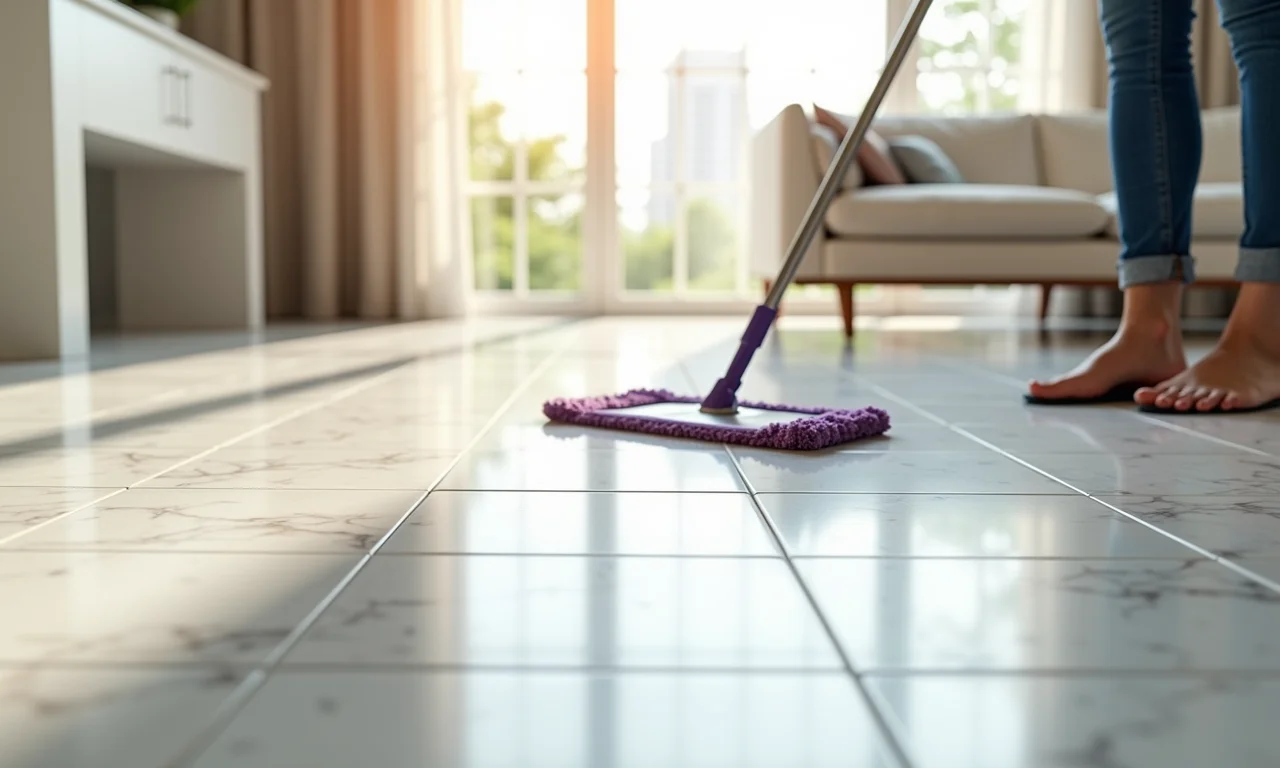 Mulher limpando facilmente um piso de porcelanato marmorizado.