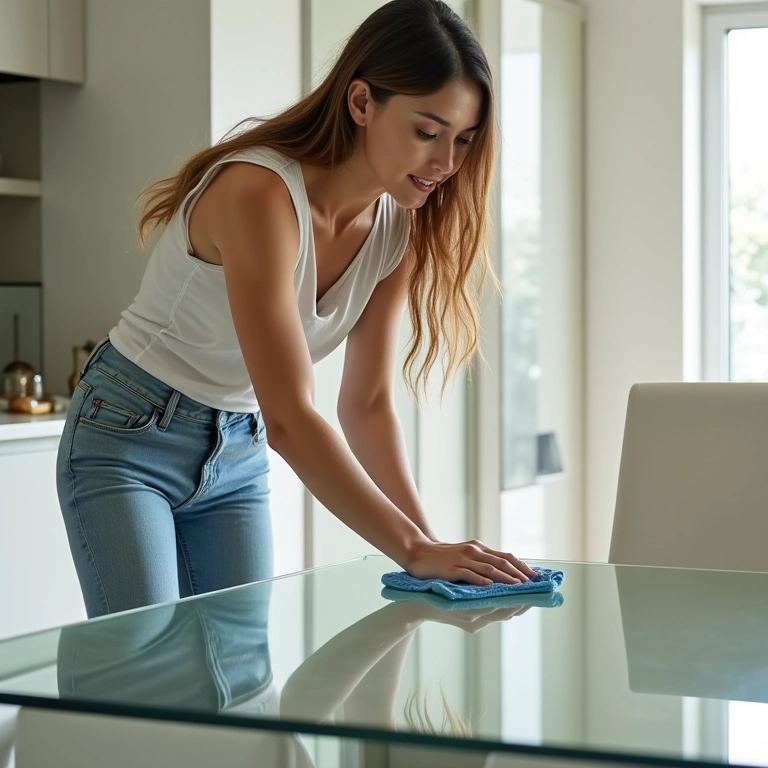 Mulher limpando mesa de vidro com pano de microfibra.