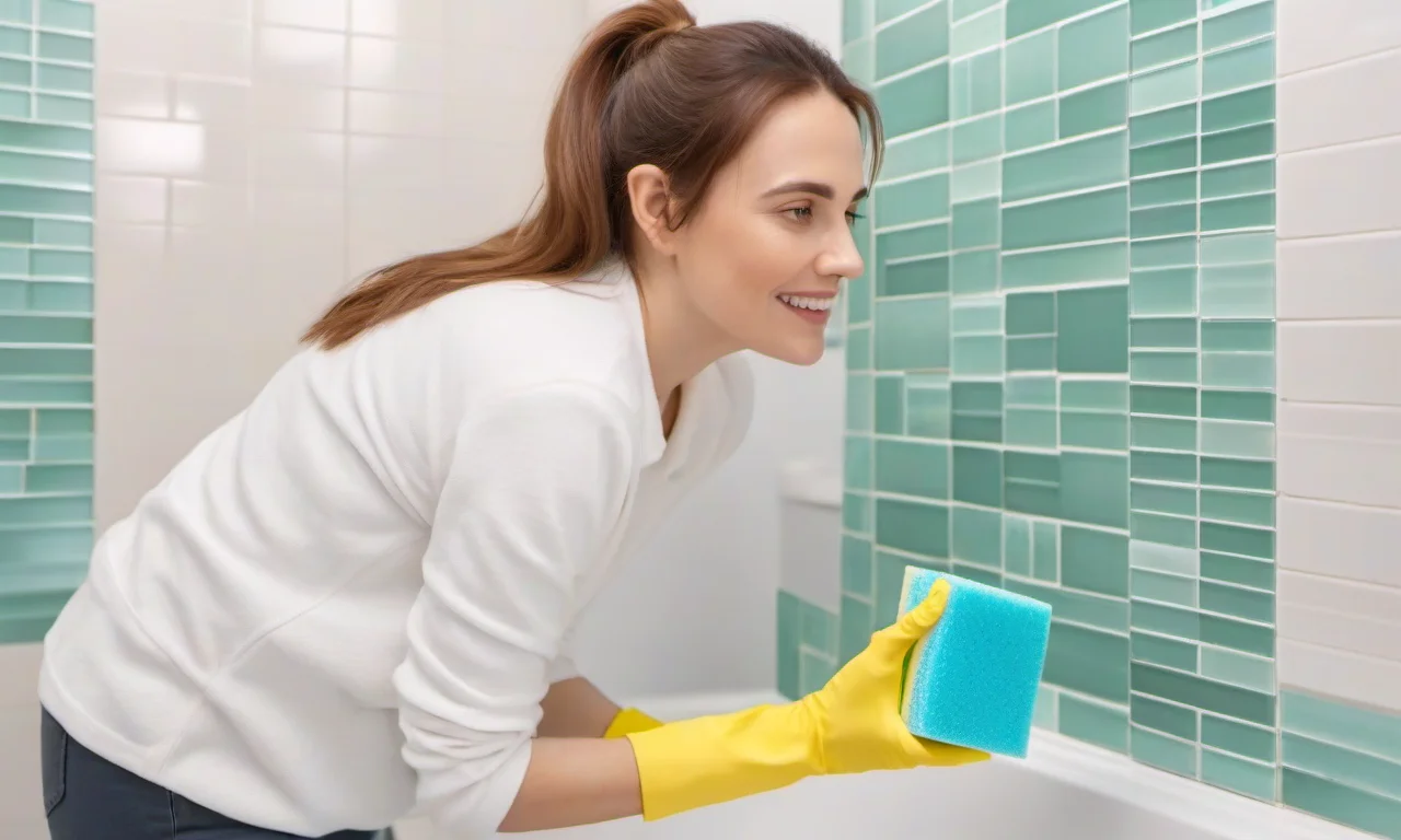 Mulher limpando pastilhas de vidro no banheiro.