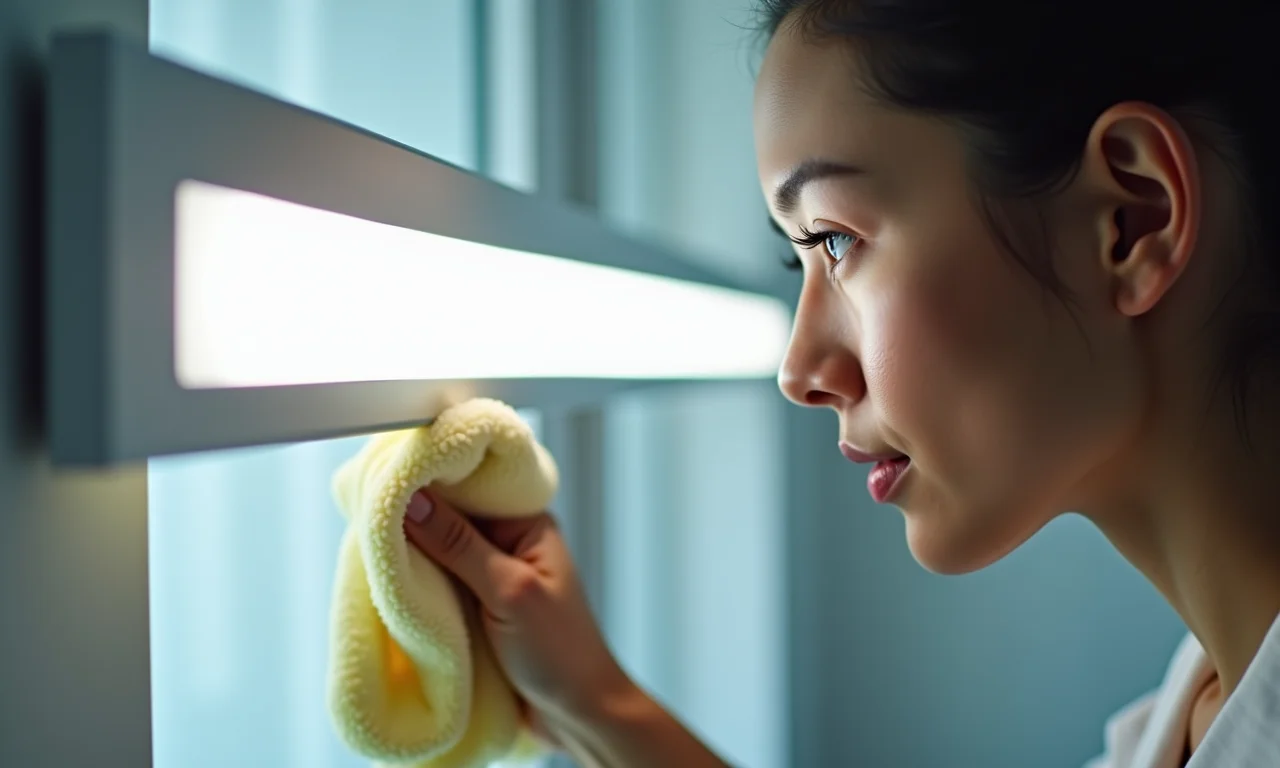 Mulher limpando um perfil de LED com um pano macio.