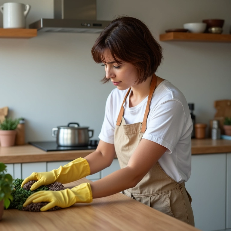 Mulher limpando utensílios em cozinha minimalista organizada.