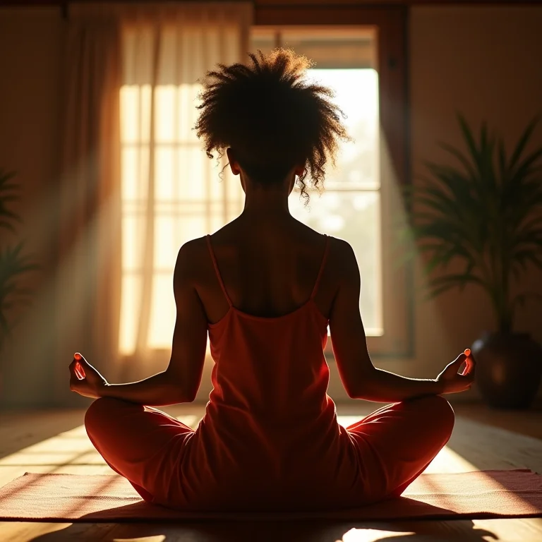 Mulher meditando em um ambiente Japandi, transmitindo paz e tranquilidade.