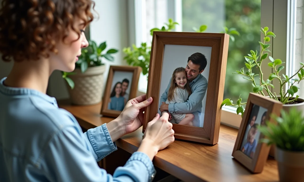 Mulher organizando fotos de família em prateleira com decoração vintage.