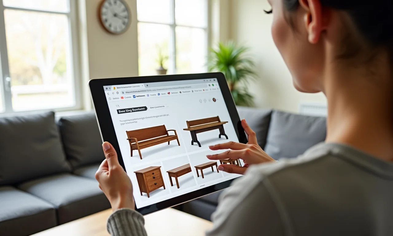 Mulher pesquisando online um banco para sala de jantar.