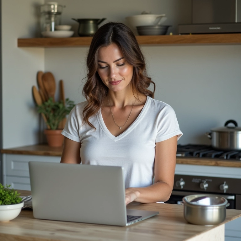 Mulher pesquisando utensílios multifuncionais e panelas empilháveis online.
