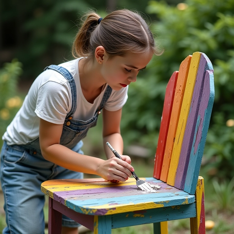 Mulher pintando cadeira de madeira antiga com cores vibrantes.