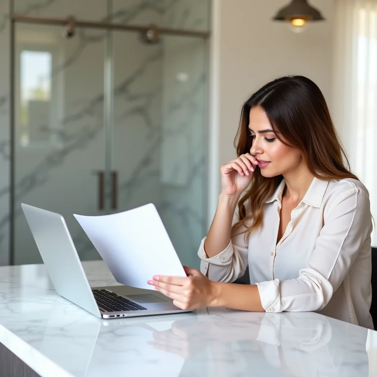 Mulher planejando orçamento da reforma do banheiro.