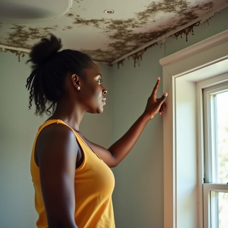 Mulher preocupada apontando para mofo no teto do banheiro.