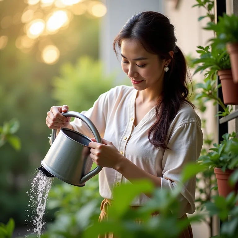 Mulher relaxando ao cuidar da horta vertical