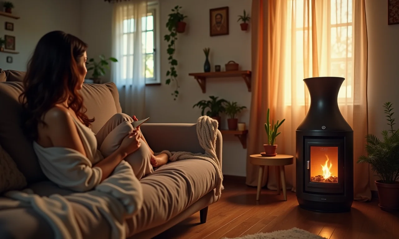 Mulher relaxando com lareira ecológica portátil em apartamento.