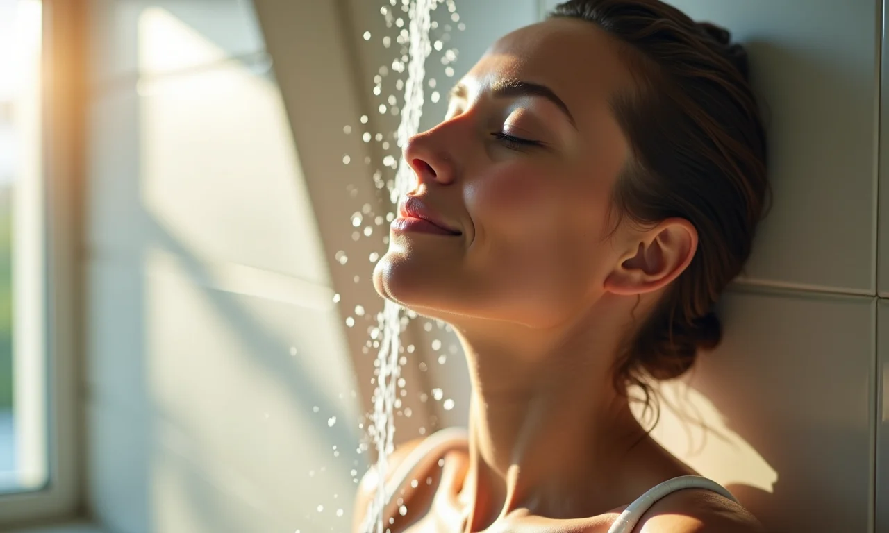 Mulher relaxando em um banho com chuveiro pressurizado.