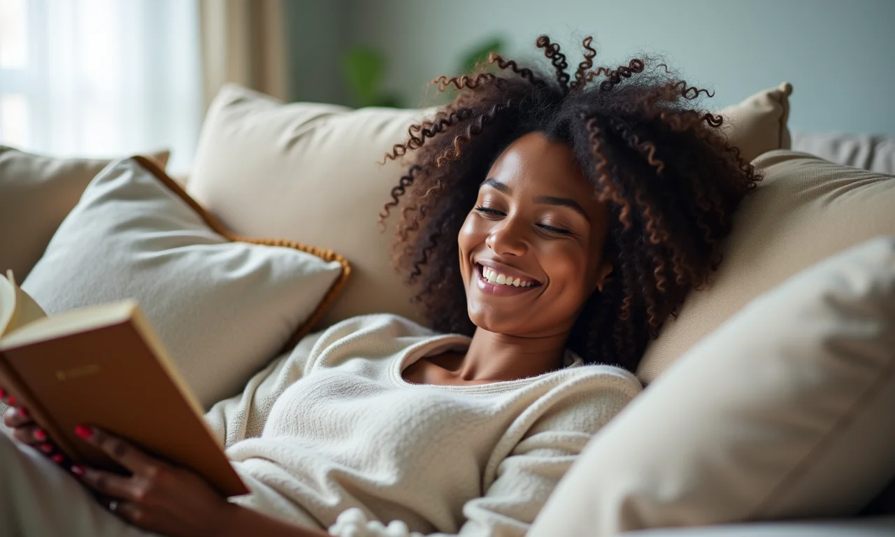 Mulher relaxando em um sofá confortável com travesseiros e mantas.