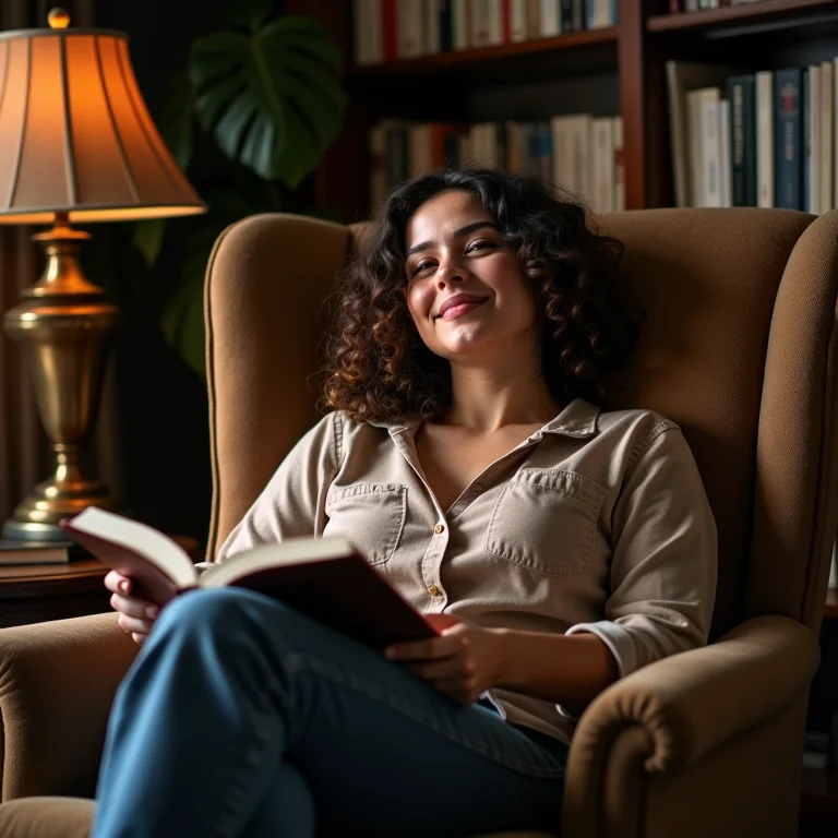 Mulher relaxando em uma poltrona confortável com design moderno