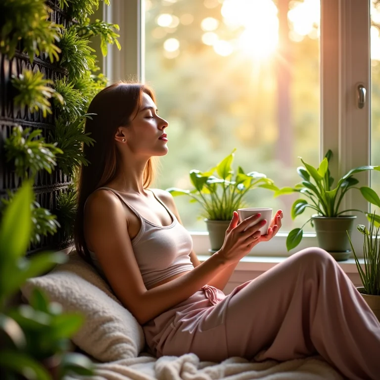 Mulher relaxando perto de horta vertical.