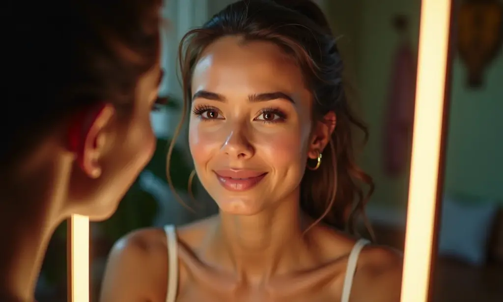 Espelho com LED: A iluminação perfeita para maquiagem Mulher se maquiando com espelho de LED em ambiente decorado com estilo Farm Rio.