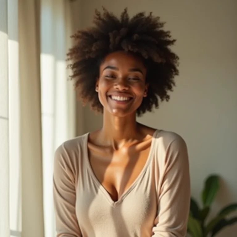 Mulher sorrindo em ambiente com iluminação zenital