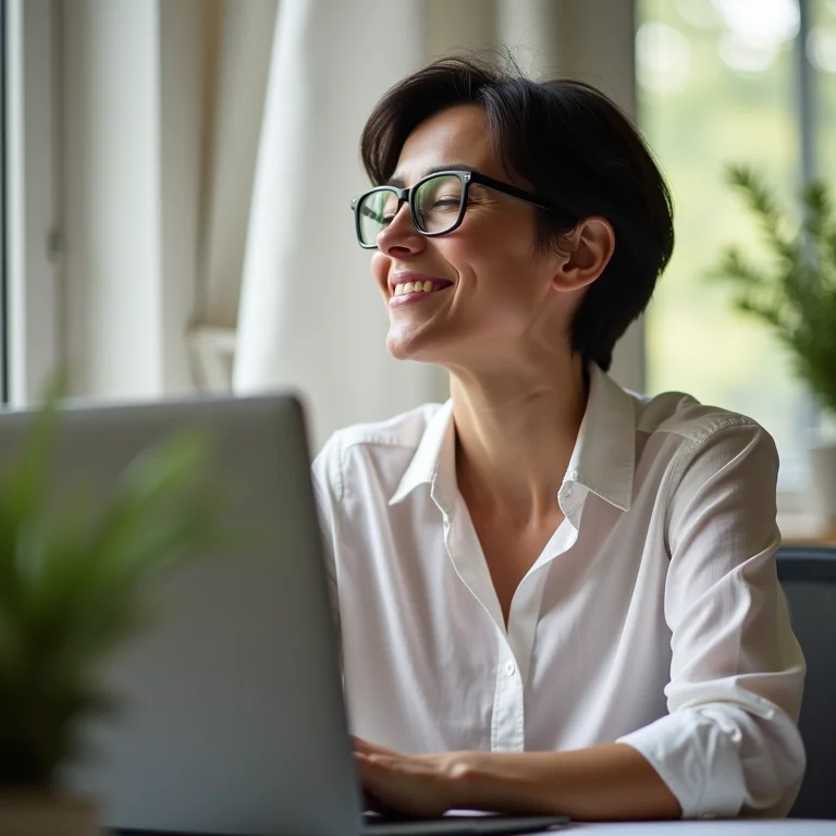 Mulher sorrindo em home office ergonômico e bem iluminado