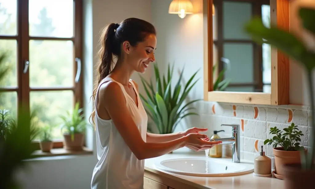 Mulher sorrindo lavando as mãos em uma bancada de banheiro moderna e bem iluminada.