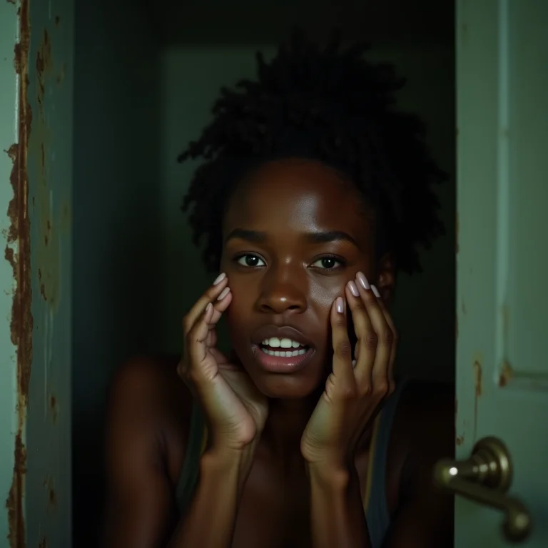 Mulher tossindo em um banheiro escuro com mofo, representando os efeitos negativos da umidade na saúde