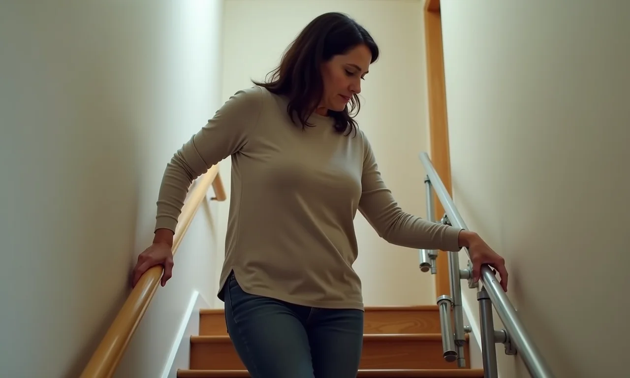 Mulher usando escada com corrimão adaptado para diferentes alturas.