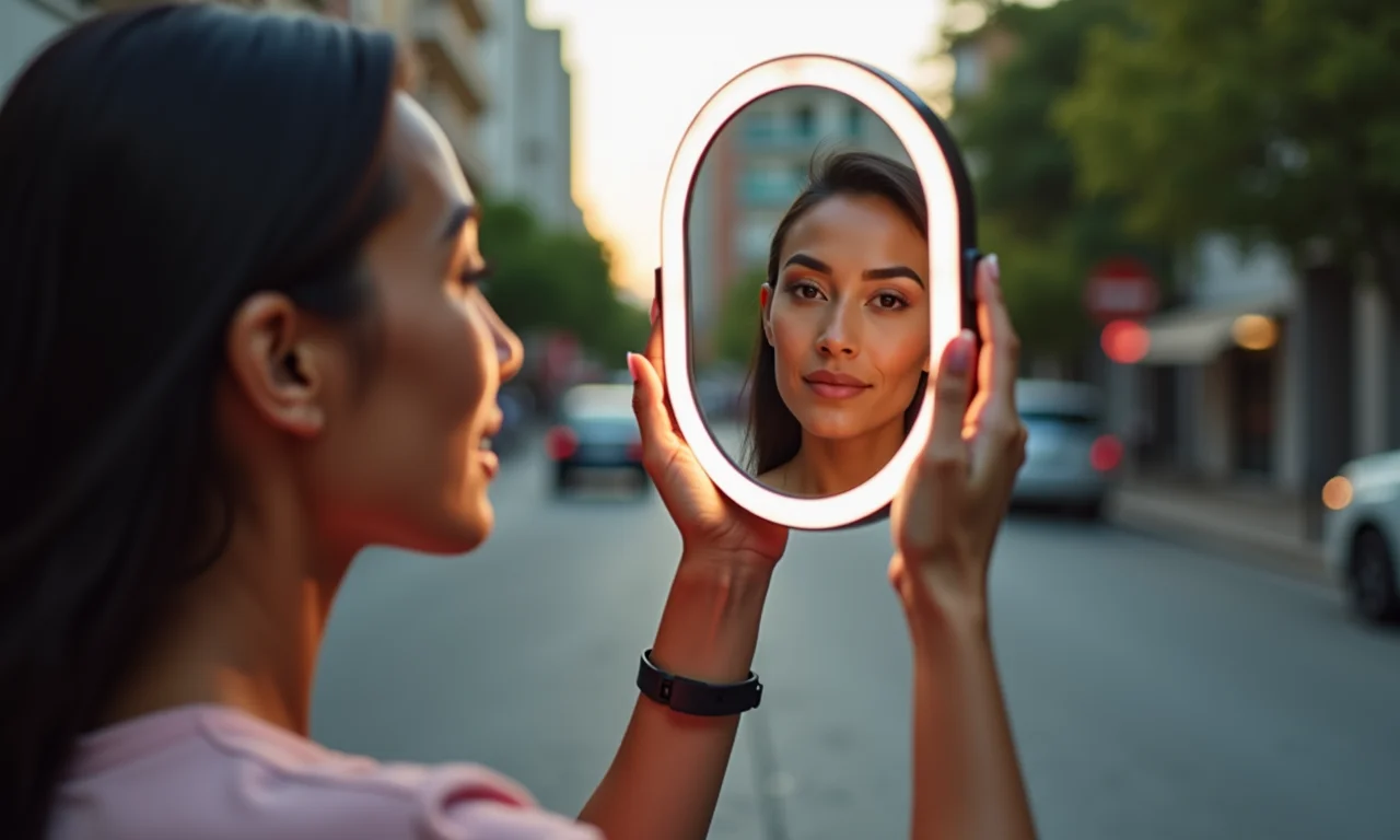 Mulher usando espelho portátil com LED para se maquiar em ambiente urbano brasileiro.