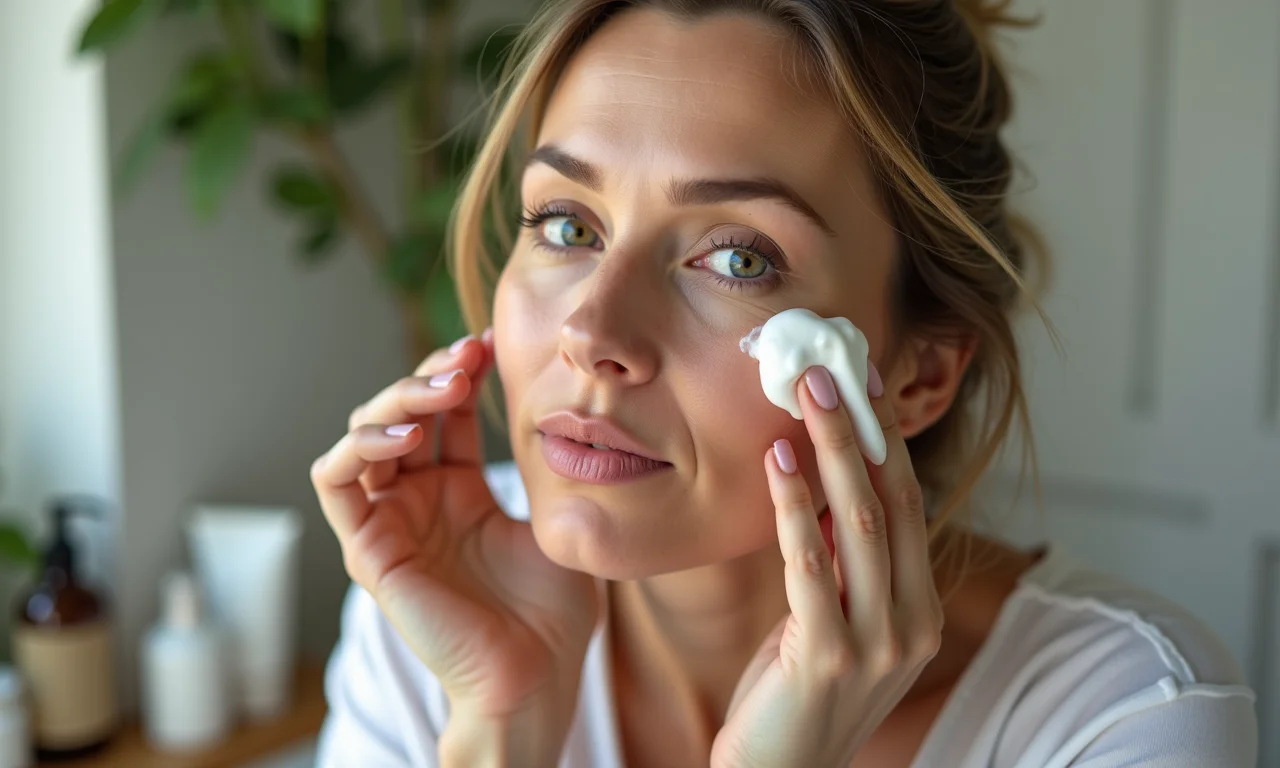 Mulher usando hidratante em banheiro farmhouse com luz suave.