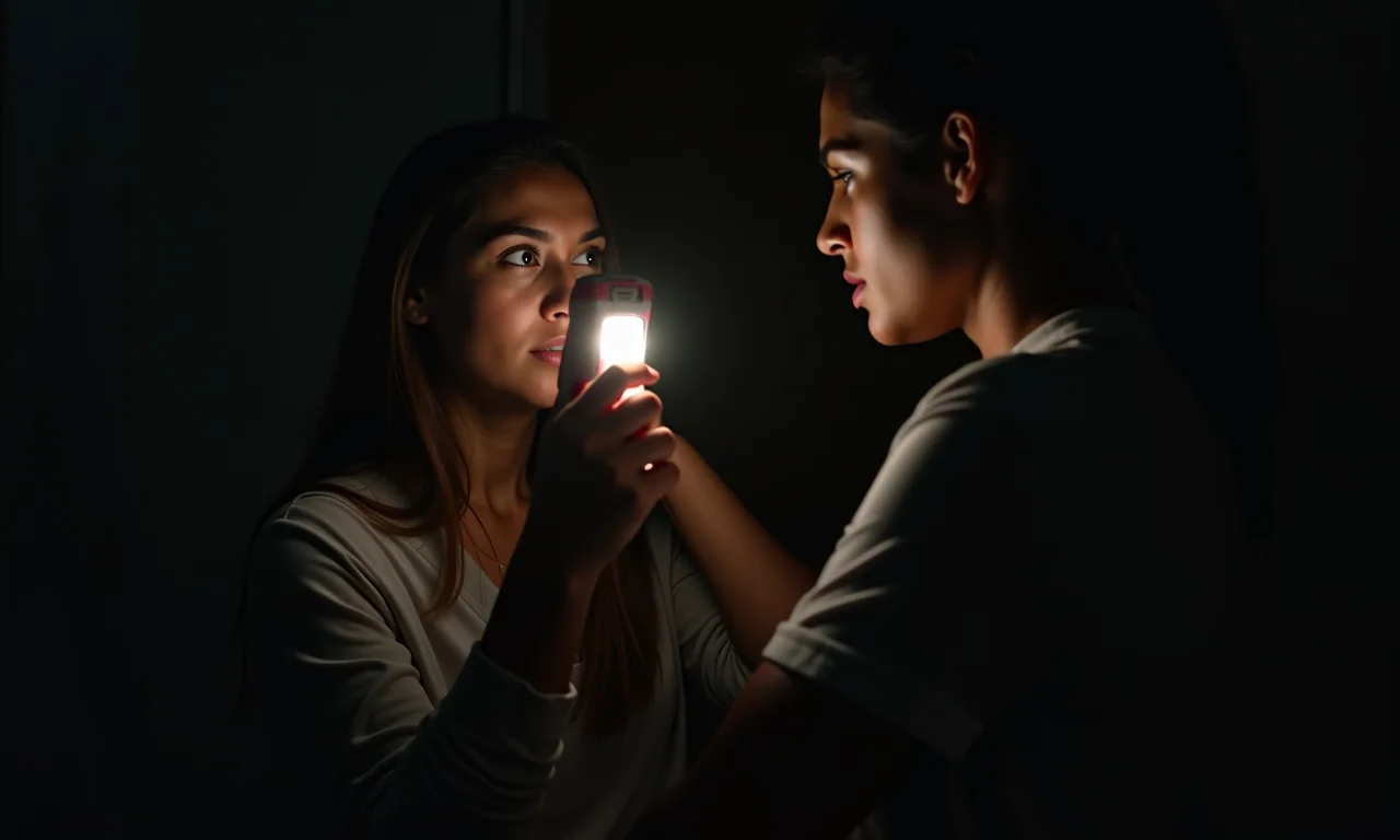 Mulher usando luz de emergência durante apagão, com visibilidade clara em ambiente escuro.