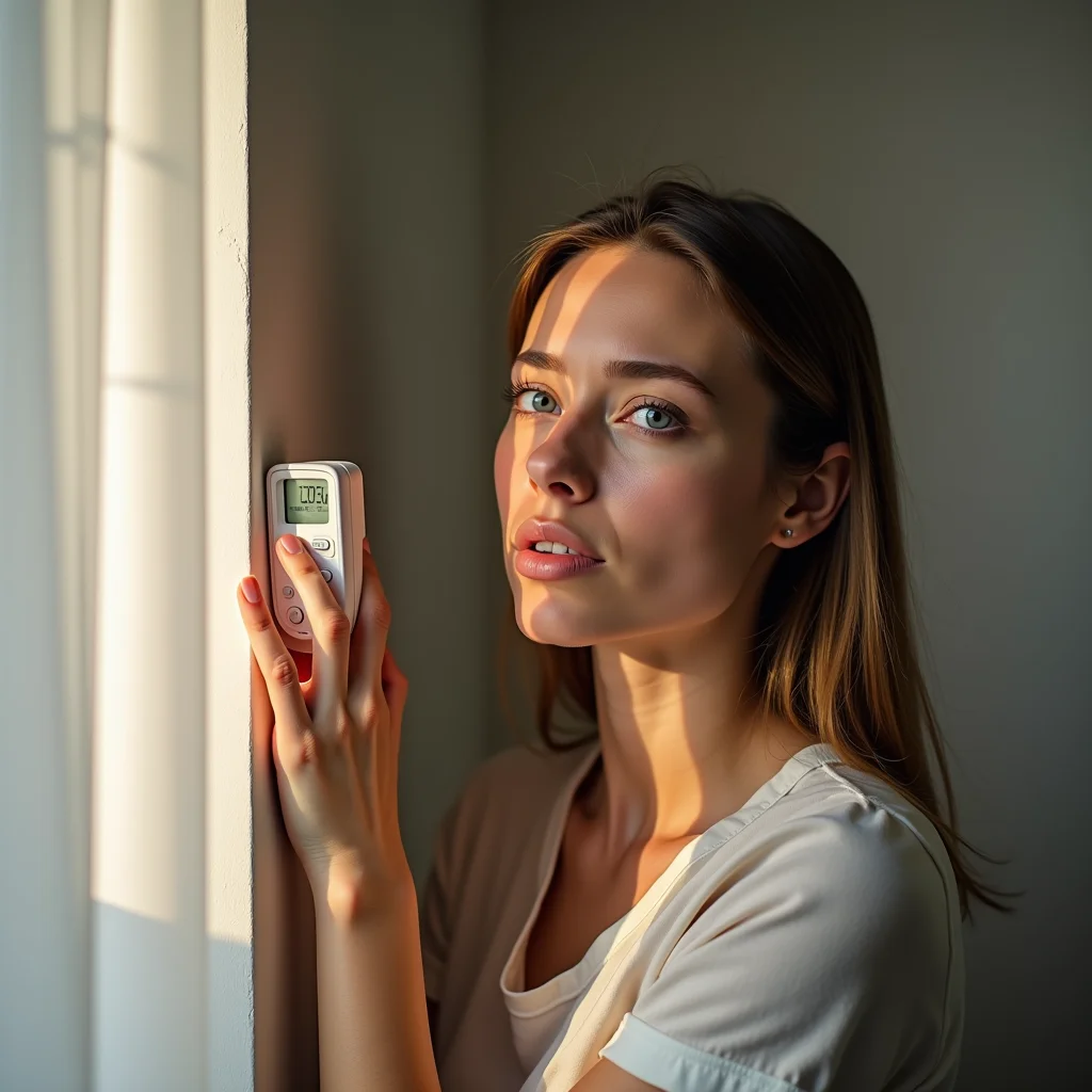 Mulher verificando a temperatura da parede de sua casa.