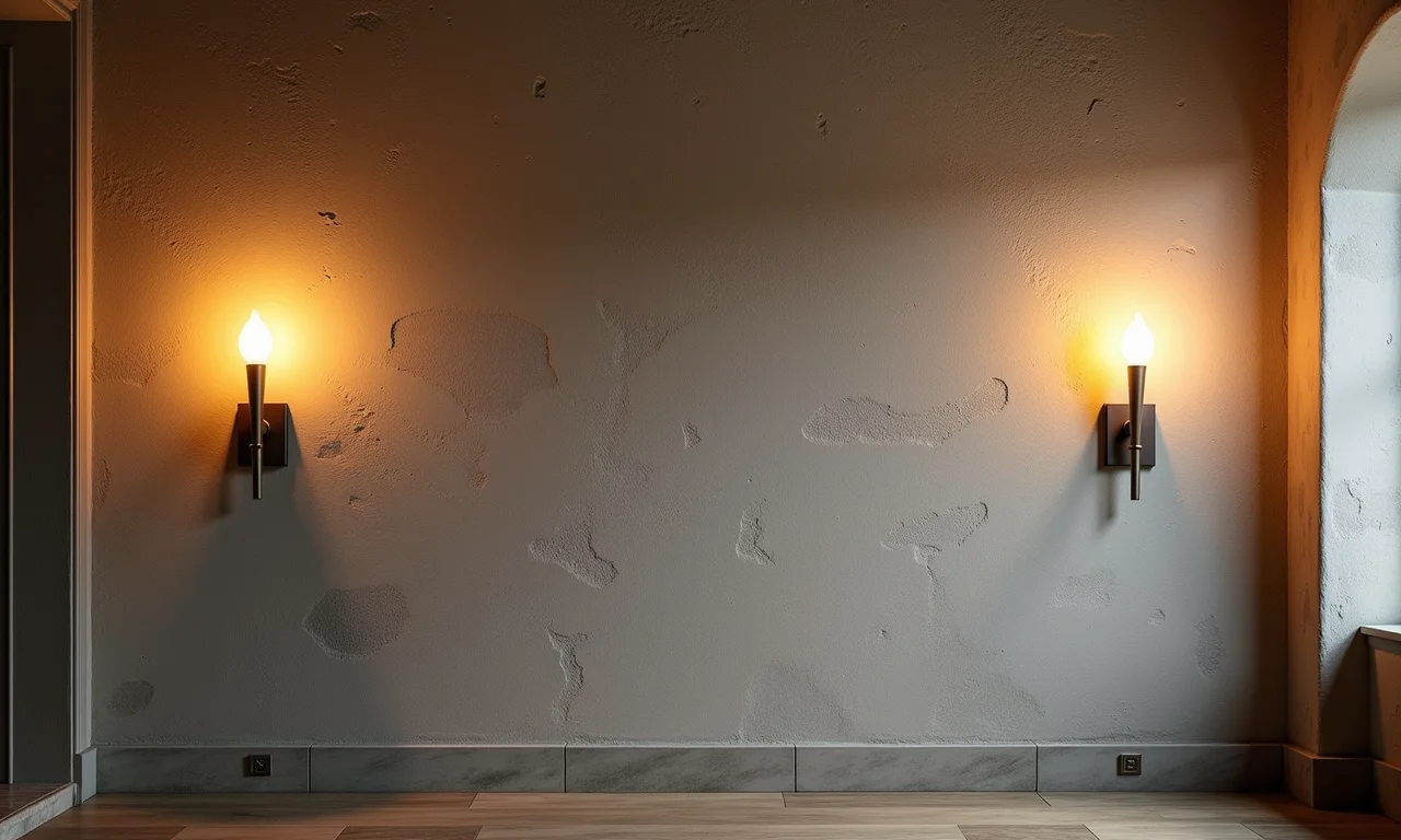 Muro com arandelas iluminando a textura e os detalhes arquitetônicos.