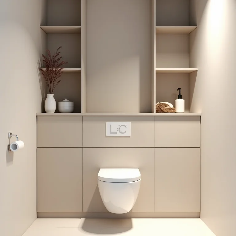 Nicho com portas e gavetas acima do vaso sanitário