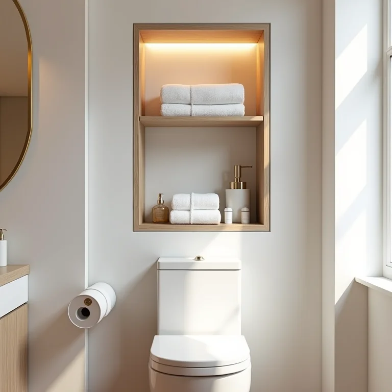 Nicho com prateleiras ajustáveis acima do vaso sanitário