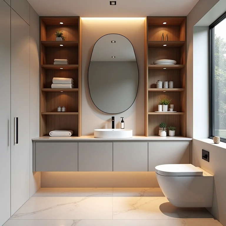 Nicho com prateleiras ajustáveis para flexibilidade em banheiro