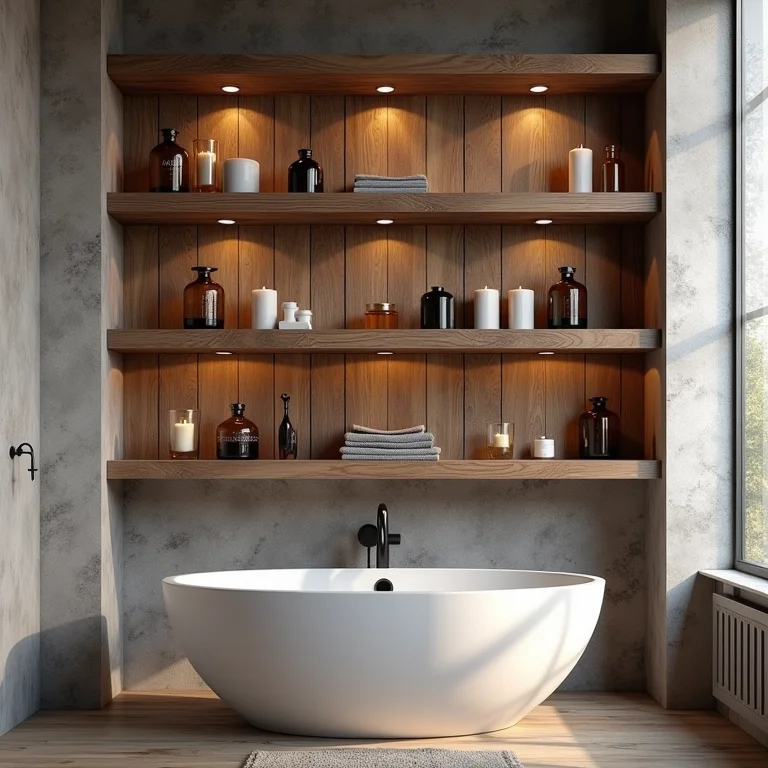 Nicho de banheiro com prateleiras de madeira de demolição