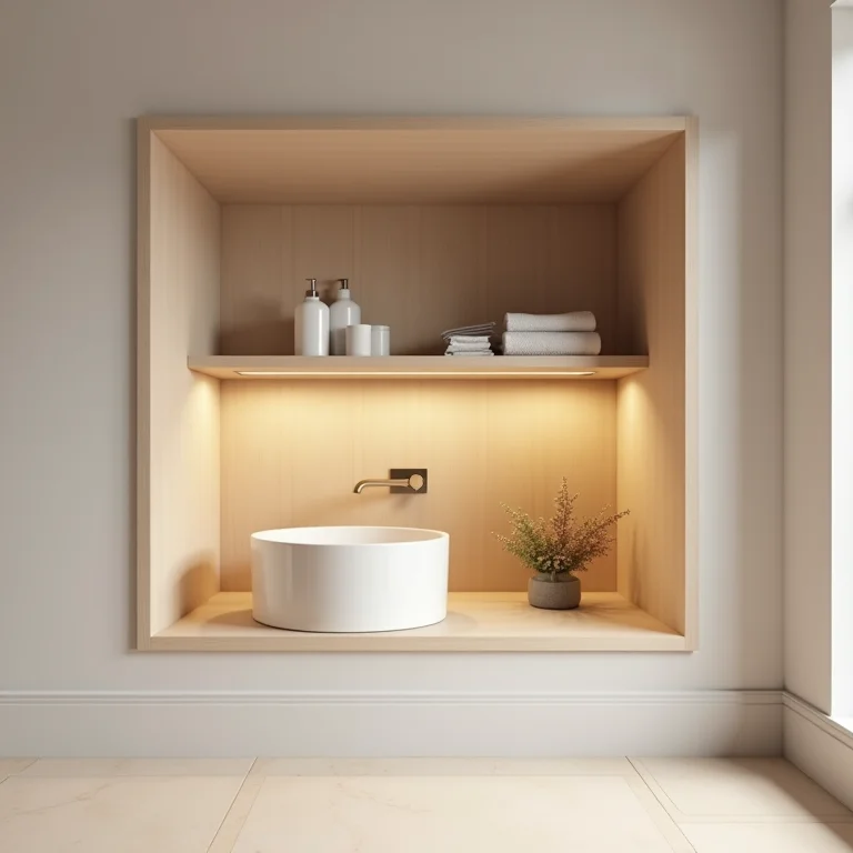 Nicho de banheiro feito de MDF com decoração minimalista