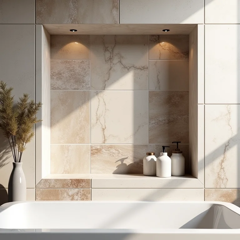 Nicho de cerâmica em banheiro com diferentes padrões e texturas