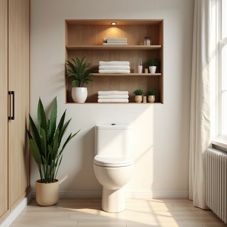 Nicho de madeira acima do vaso sanitário com toalhas e plantas.