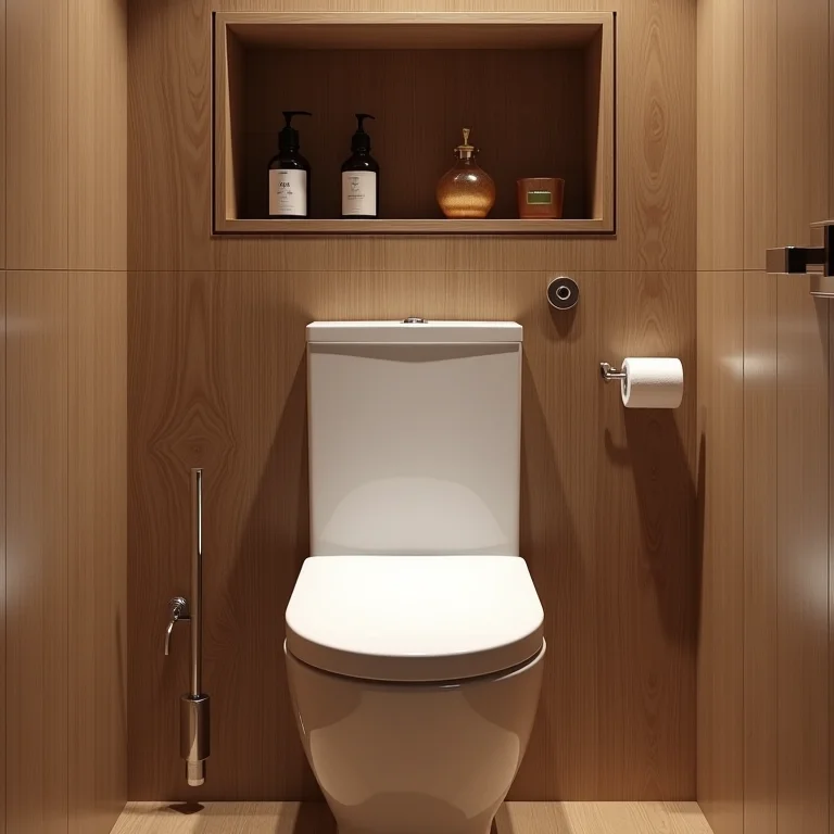 Nicho de madeira rústica acima do vaso sanitário