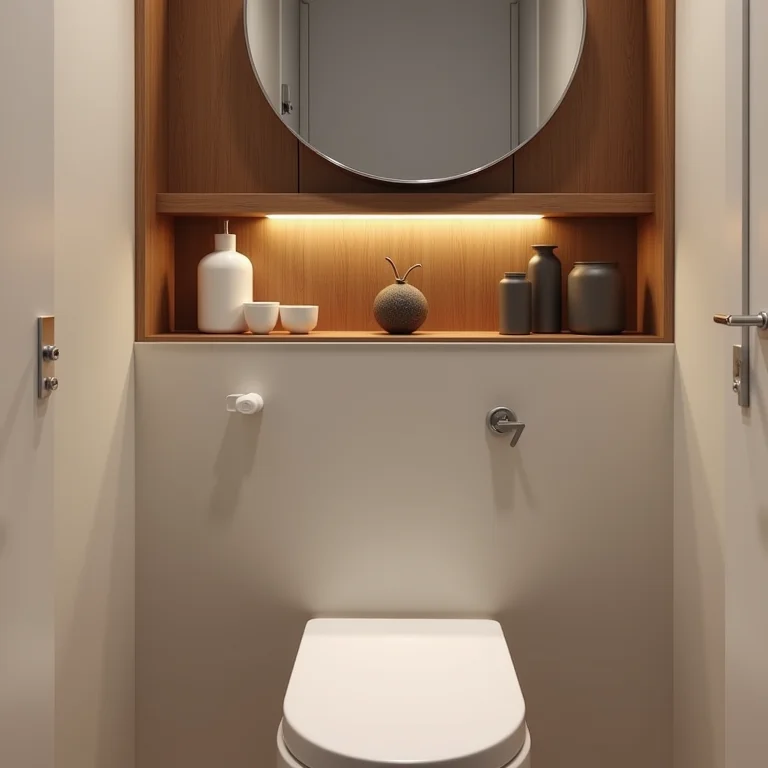 Nicho de MDF acima do vaso sanitário com decoração minimalista