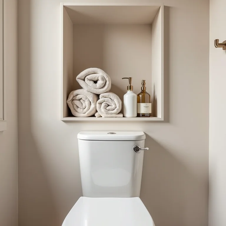 Nicho de MDF acima do vaso sanitário com produtos de higiene pessoal.