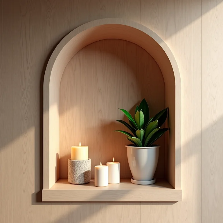 Nicho de MDF em banheiro com acabamento em madeira e decoração