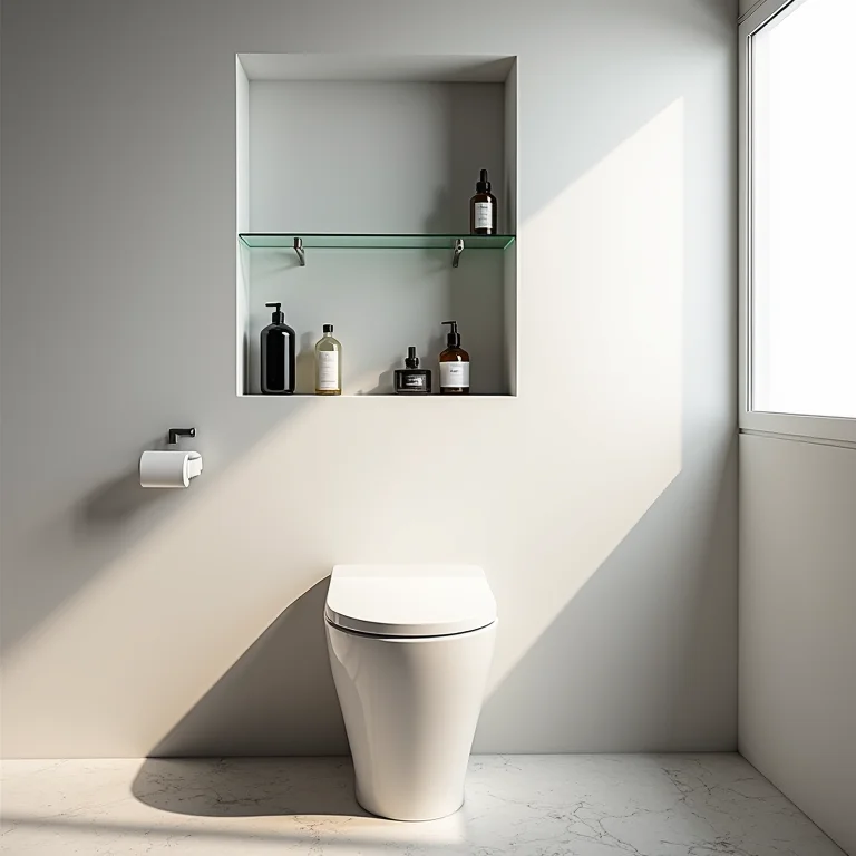 Nicho de vidro acima do vaso sanitário com acessórios minimalistas.