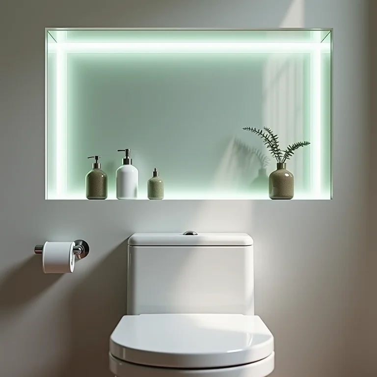 Nicho de vidro acima do vaso sanitário com produtos de higiene