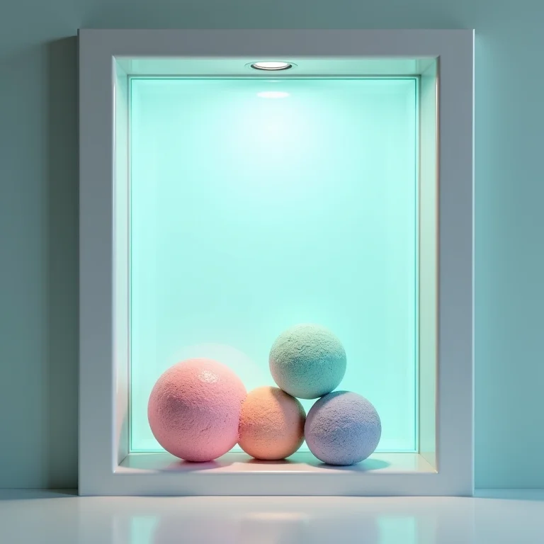 Nicho de vidro em banheiro com itens coloridos e iluminação