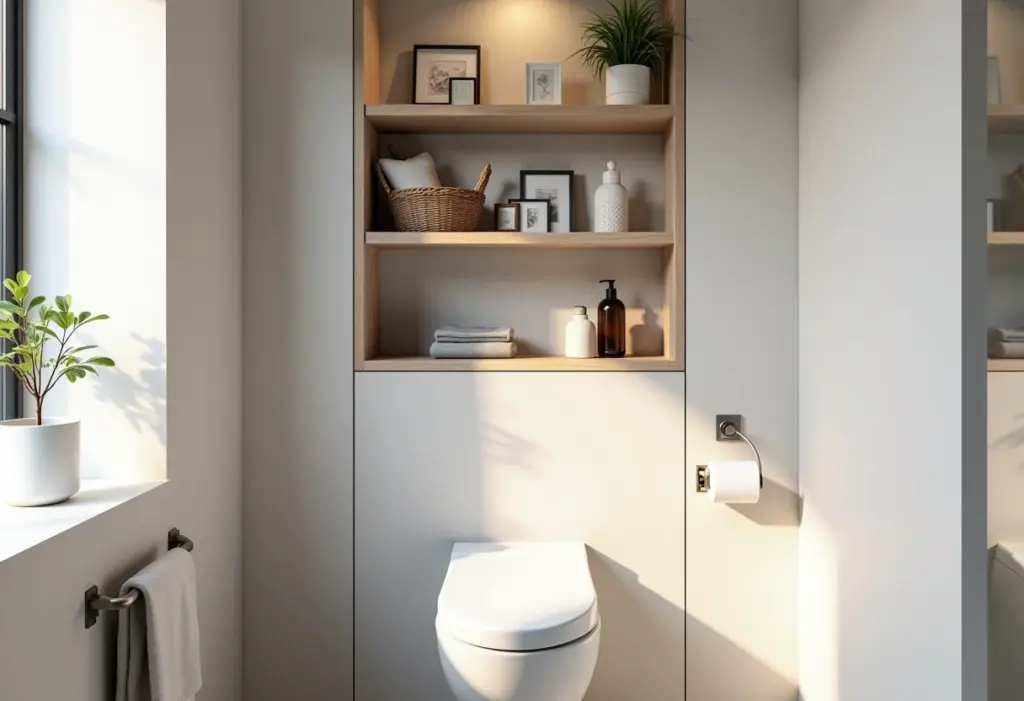 Nicho decorativo acima do vaso sanitário com objetos organizados